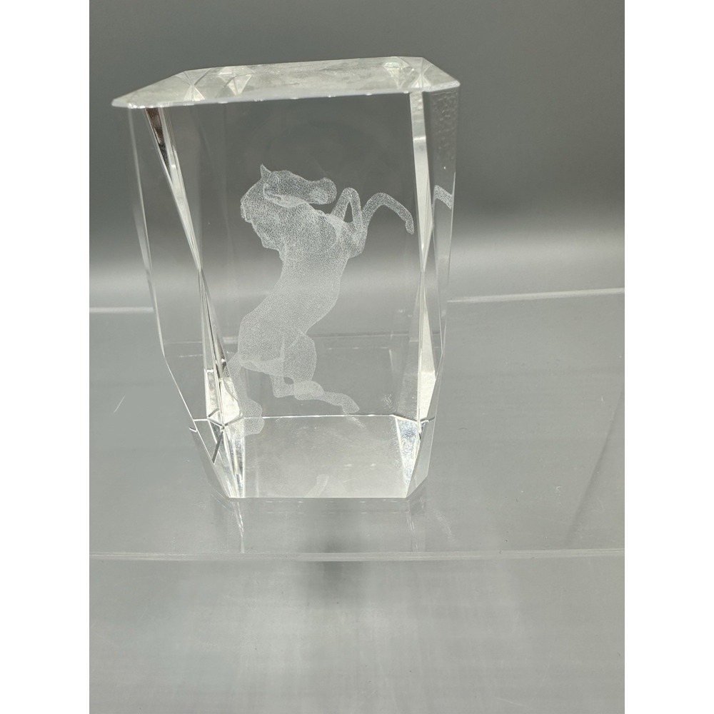 3D etched Glass Rearing Bronco Horse Desk Paperweight Decor No Box